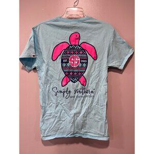 Simply Southern Womens "Save Them Turtles" Medium T-Shirt  Aqua Pink Turtle Grap